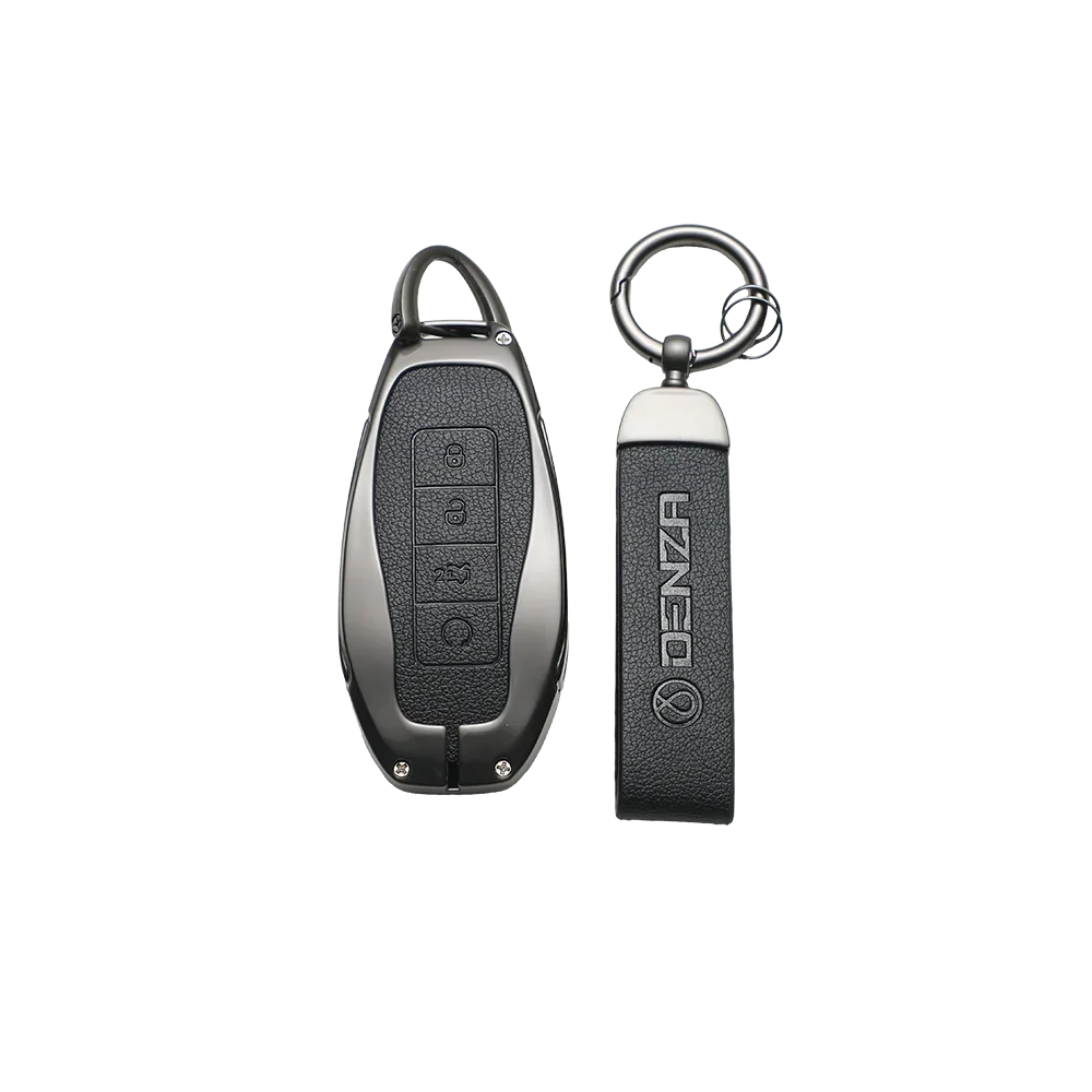 Black leather car key fob cover and matching premium leather keychain for Denza.