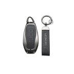 Black leather car key fob cover and matching premium leather keychain for Denza.