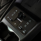 Black premium center console control panel with glossy gear shifter and silver metallic buttons.