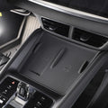 Black non-slip silicone wireless charging mat for BYD car center console with NFC support.