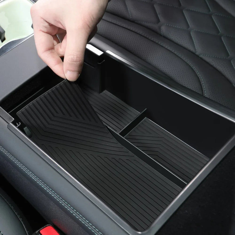 Black silicone center console organizer tray for BYD interior protection.