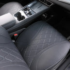 Black leather car seat covers with a unique diamond quilted pattern and perforated center.