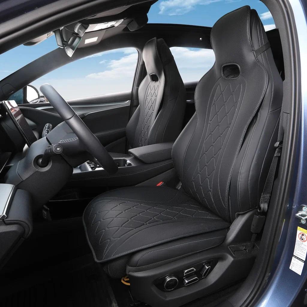 Black quilted faux leather car seat covers with diamond stitching for BYD interiors.