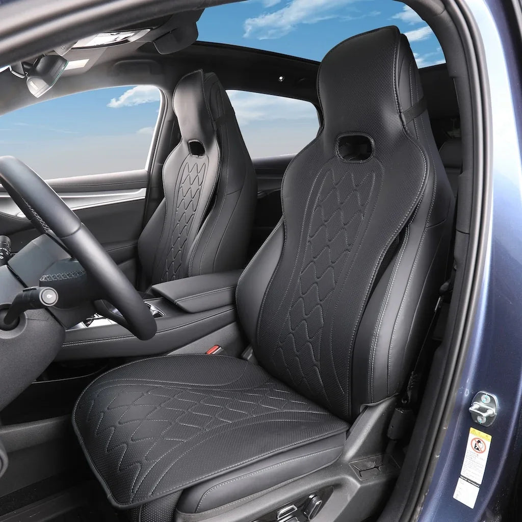 Black perforated leather car seat covers with unique diamond quilted stitching for BYD.