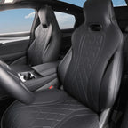 Professional black leather car seat covers with unique diamond stitching for BYD interiors.