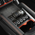 Black carbon fiber gear shifter and control panel with red stitching for BYD interior upgrade.
