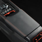 Black leather center console cover with orange contrast stitching for BYD vehicle protection