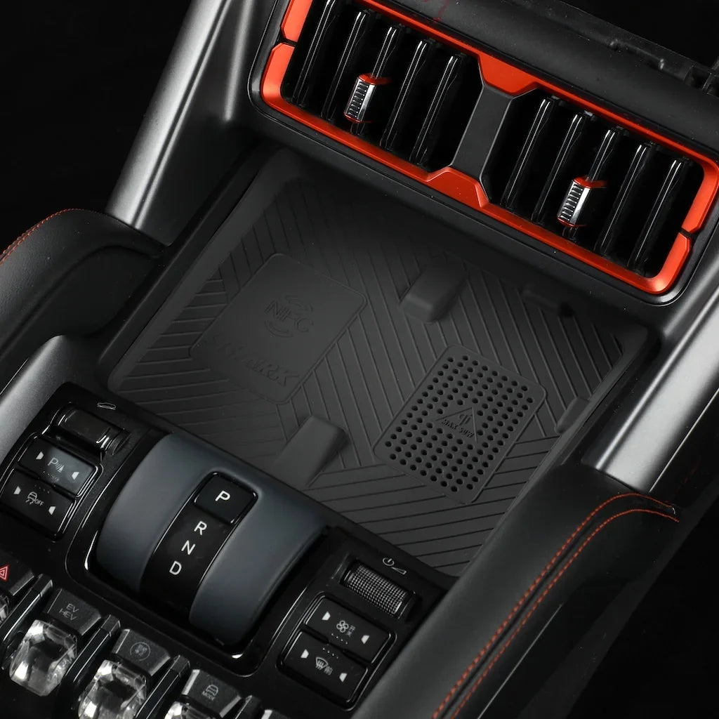 Black TPE center console storage mat for BYD car interior with embossed texture