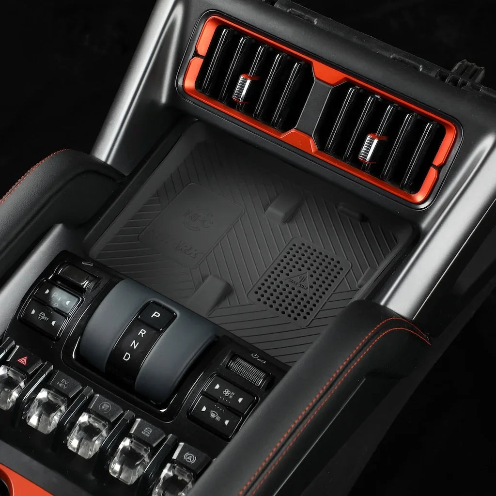 Custom grey textured center console mat with red accents for BYD car interior