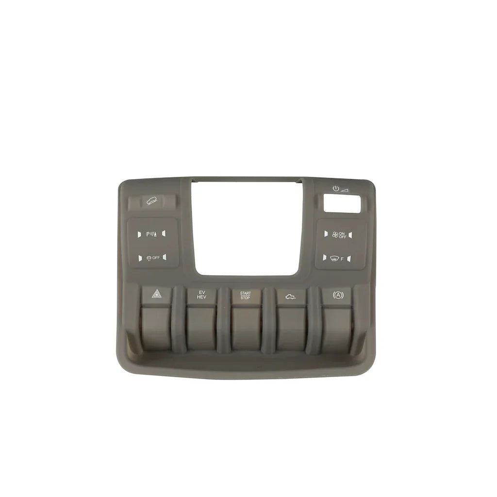 Grey matte plastic interior control panel with various vehicle function buttons.