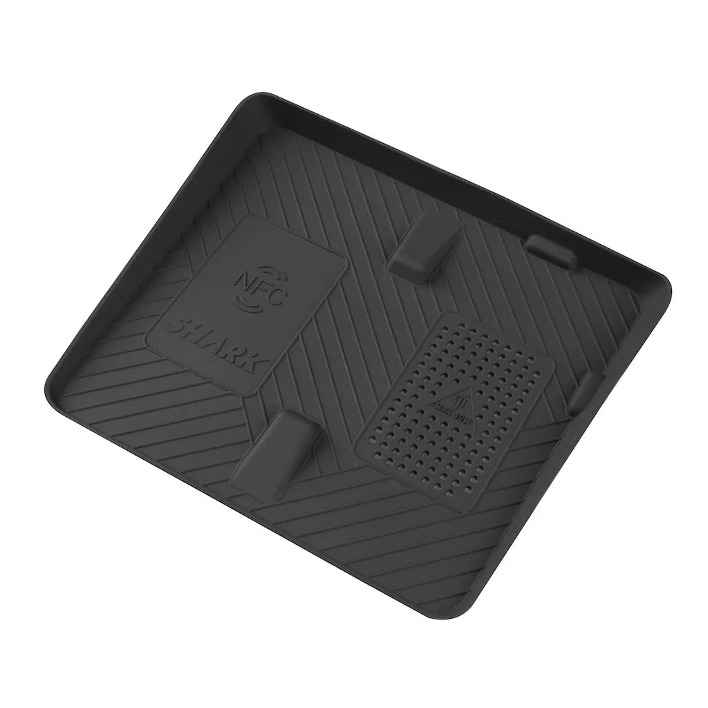 Black textured silicone car organizer tray with NFC charging area and SHARK branding.