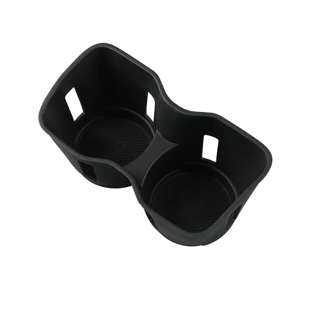 Black dual-compartment matte plastic car organizer tray for efficient interior storage.