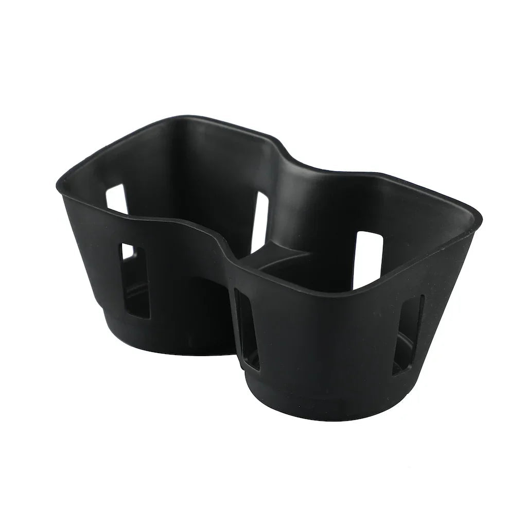 Black matte dual-compartment car cup holder organizer made of durable plastic.