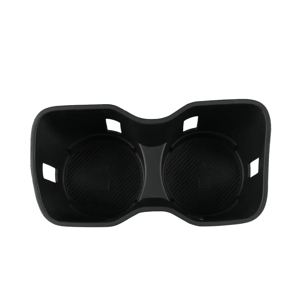 Black dual-slot car cup holder tray with textured anti-slip interior.