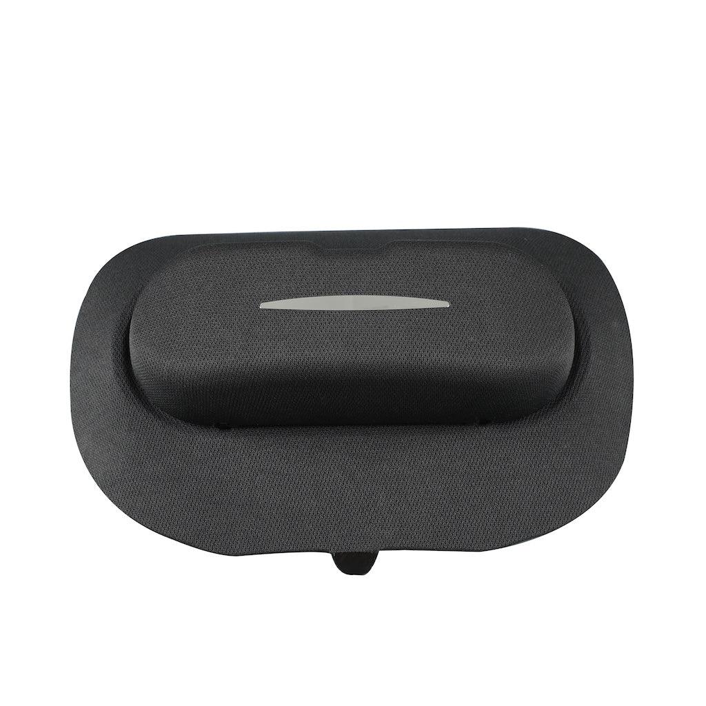 Black textured fabric car headrest cushion with a sleek grey accent strip.
