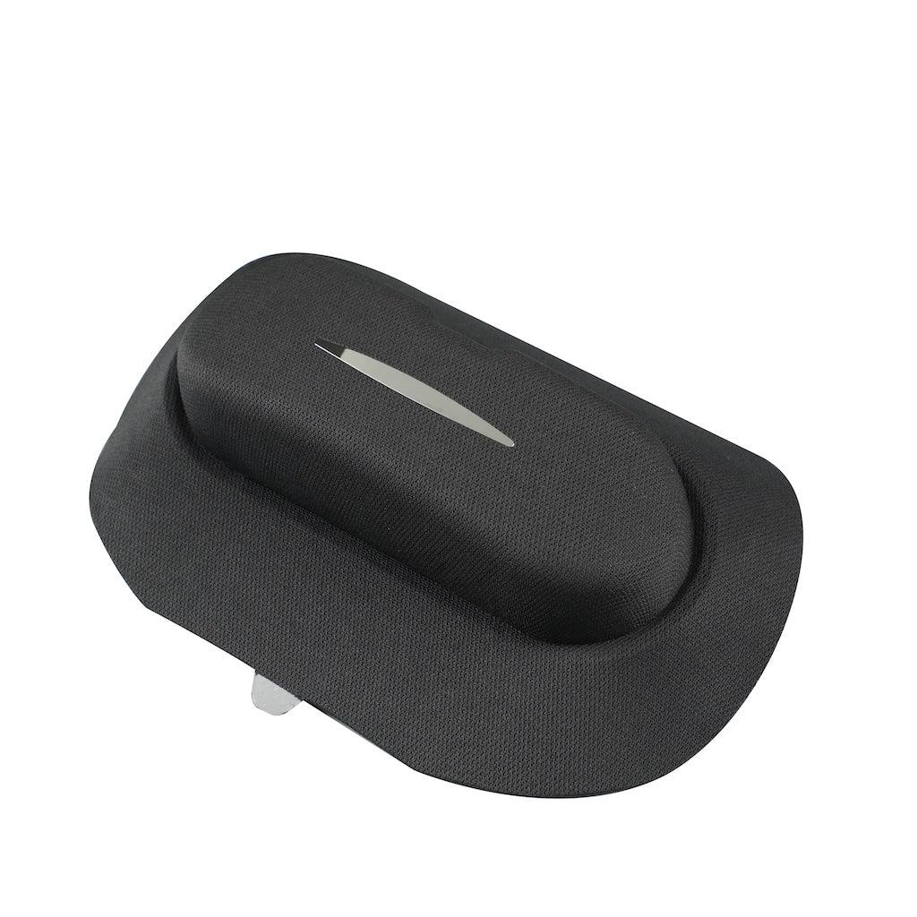 Black textured faux leather car sun visor with a sleek silver trim detail.