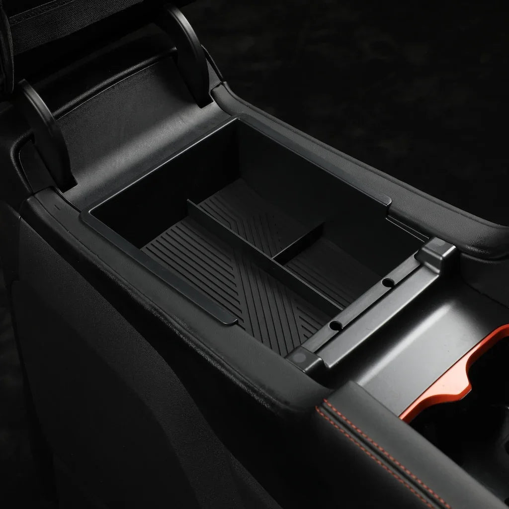 Black durable plastic center console organizer tray for car interior with divided compartments
