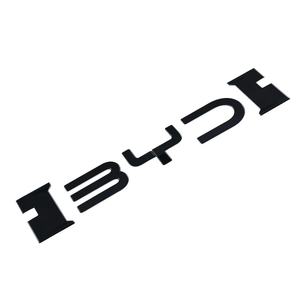 Glossy black 3D BYD emblem badge with a sleek, high-shine metallic finish.