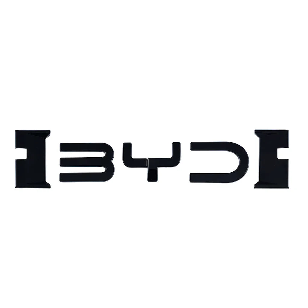 Glossy black BYD emblem badge made of premium high-shine material.