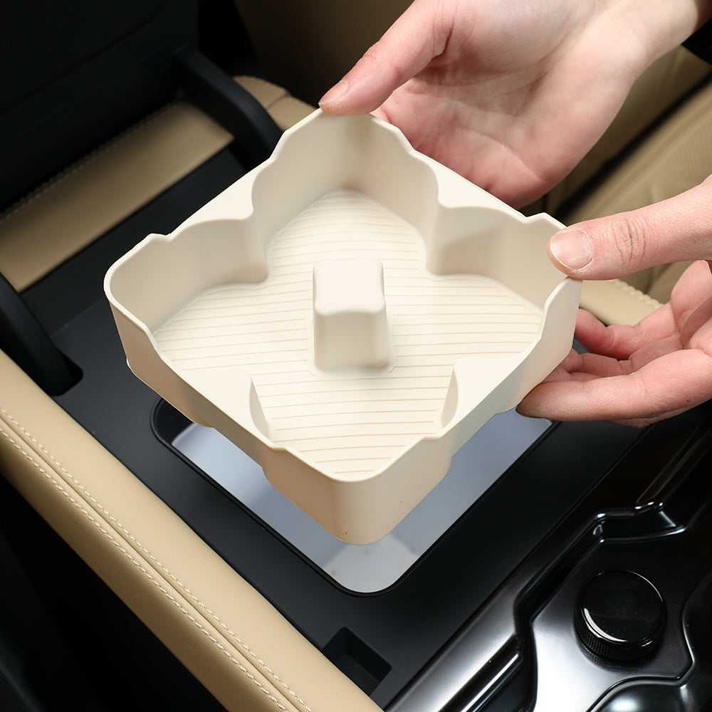 Beige silicone center console organizer tray for BYD car interior