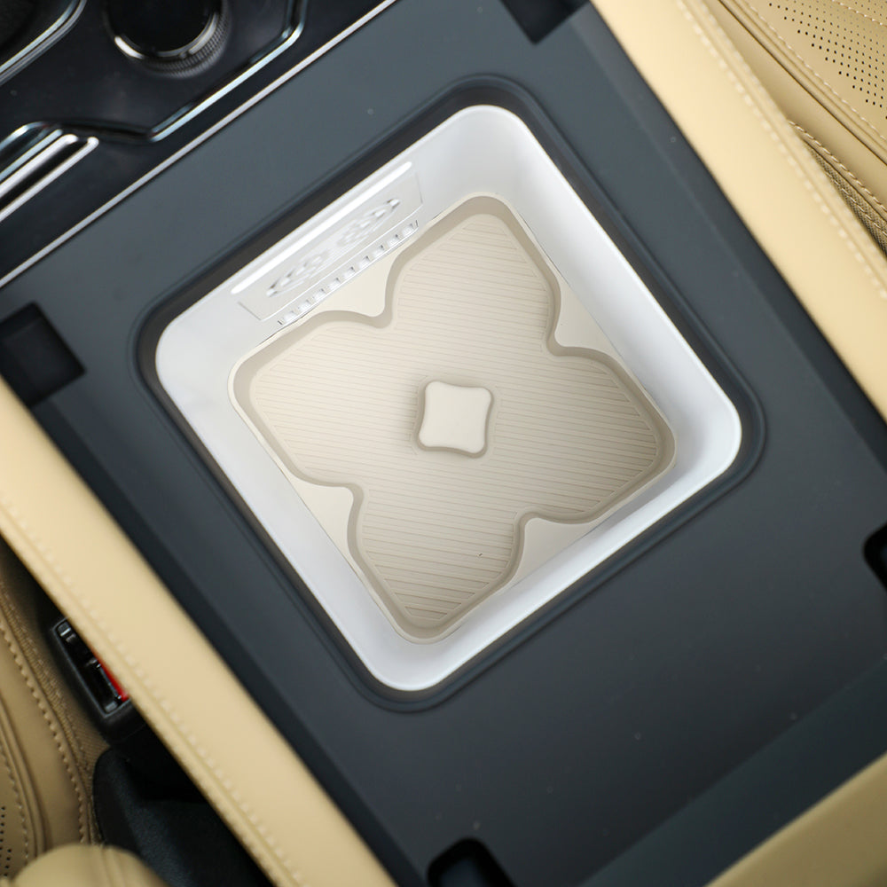 Beige textured silicone center console storage tray for BYD car interior