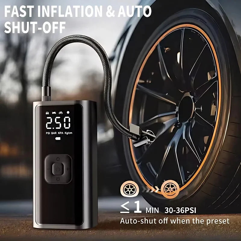 Portable black digital tire inflator with flexible hose inflating a car tire to 30-36 PSI.