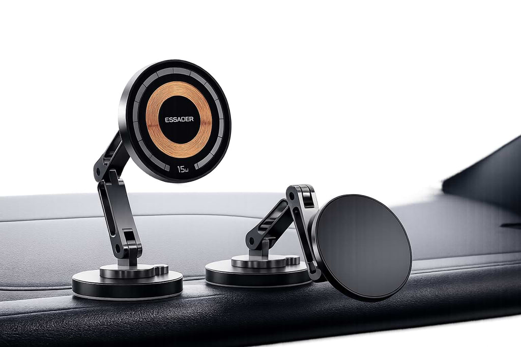 15W magnetic wireless car charger holder shown in multiple product views inside a BYD vehicle with adjustable dashboard mount and MagSafe-compatible charging