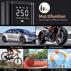 Multifunctional digital tire inflator with LCD display for cars, motorcycles, bikes, and balls.