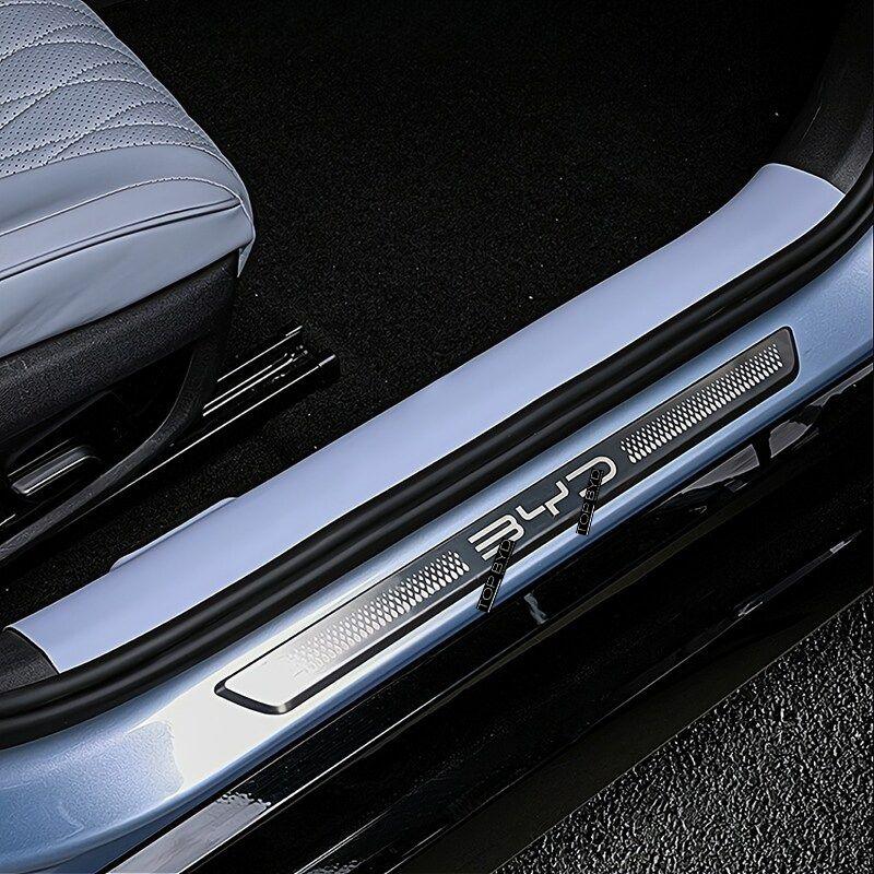 Sleek silver metallic BYD door sill protector with textured anti-slip surface.