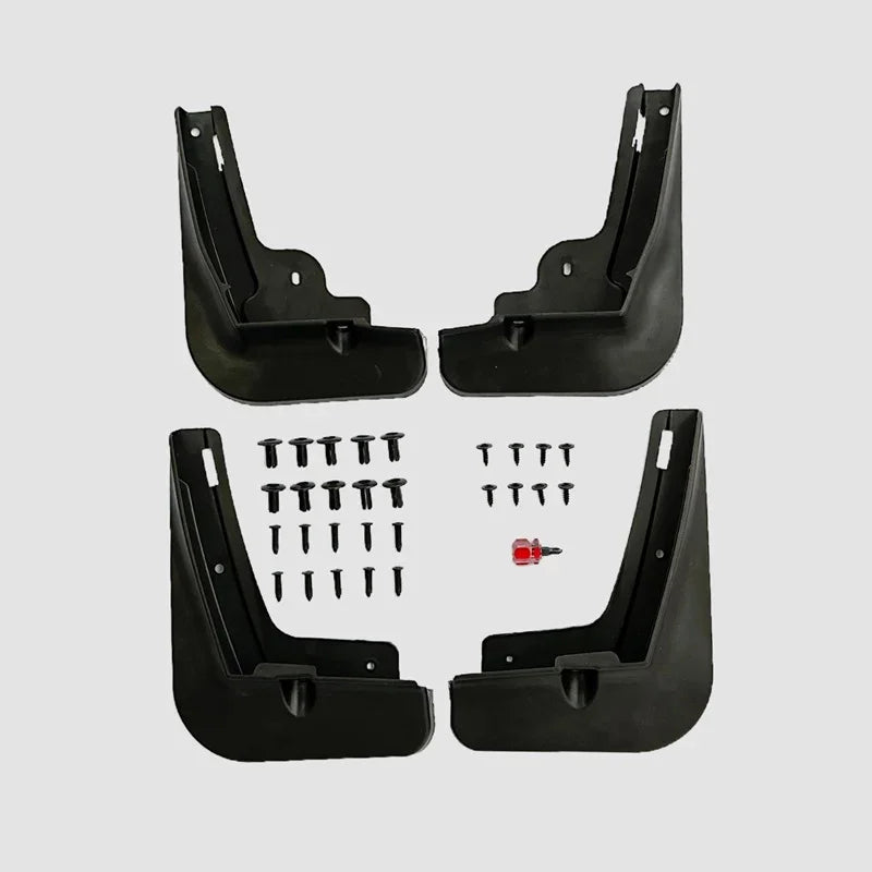 Set of 4 durable black matte mud flaps with installation screw kit for car protection.