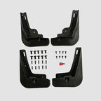 Set of 4 durable black matte mud flaps with installation screw kit for car protection.