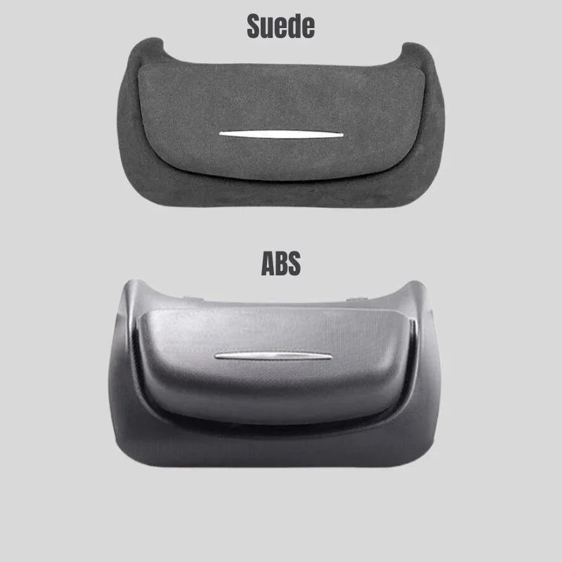 Comparison of premium grey suede and durable black ABS material car armrest covers.