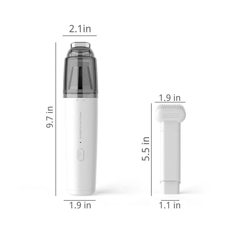 White portable vacuum cleaner with dimensions, featuring a sleek plastic body and clear nozzle.