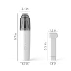 White portable vacuum cleaner with dimensions, featuring a sleek plastic body and clear nozzle.