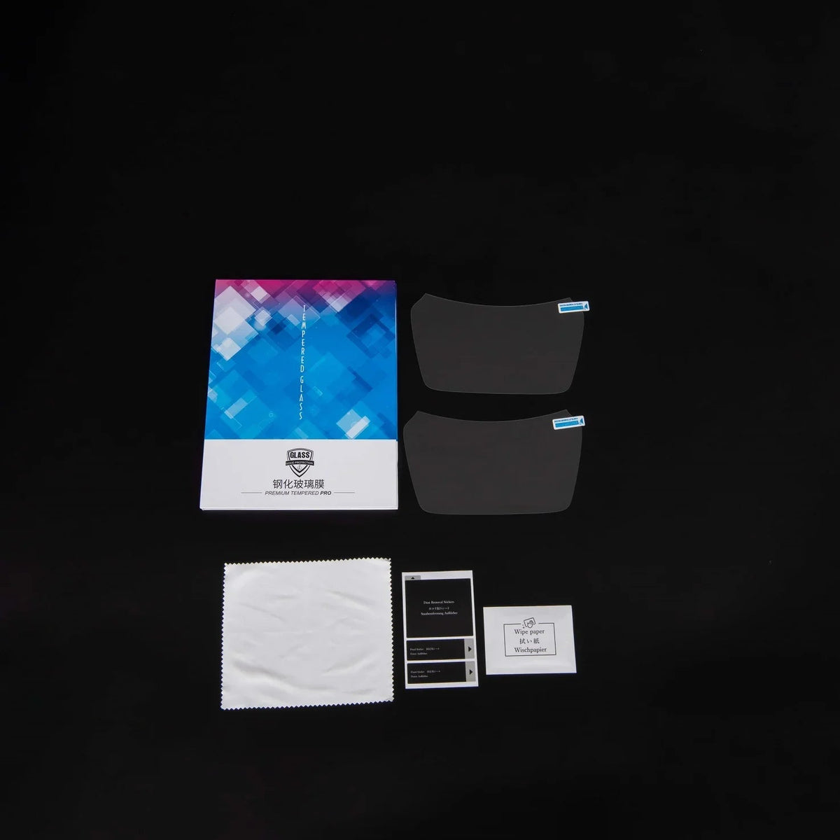 Premium tempered glass screen protectors with installation kit in black and white.