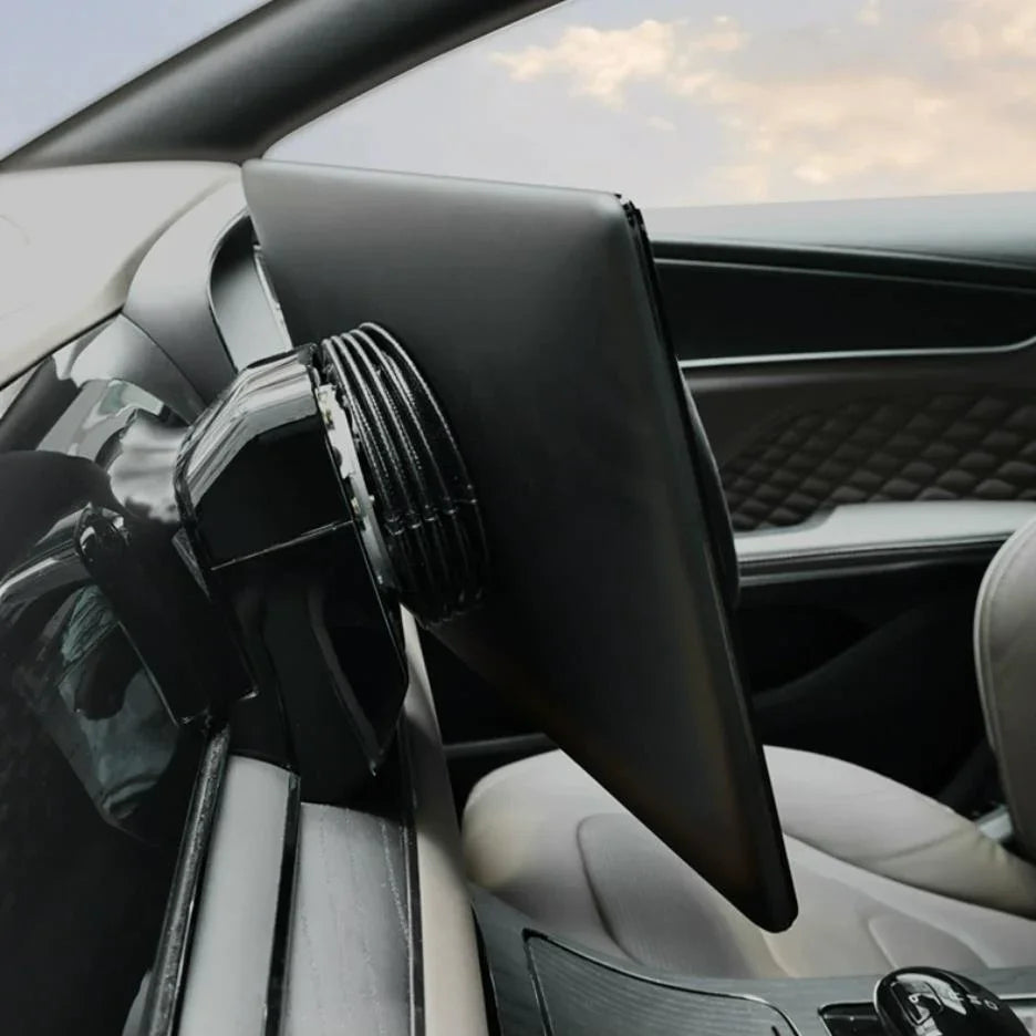 Black leather swivel screen protector with a ribbed mounting base for a car interior.