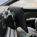 Black leather swivel screen protector with a ribbed mounting base for a car interior.