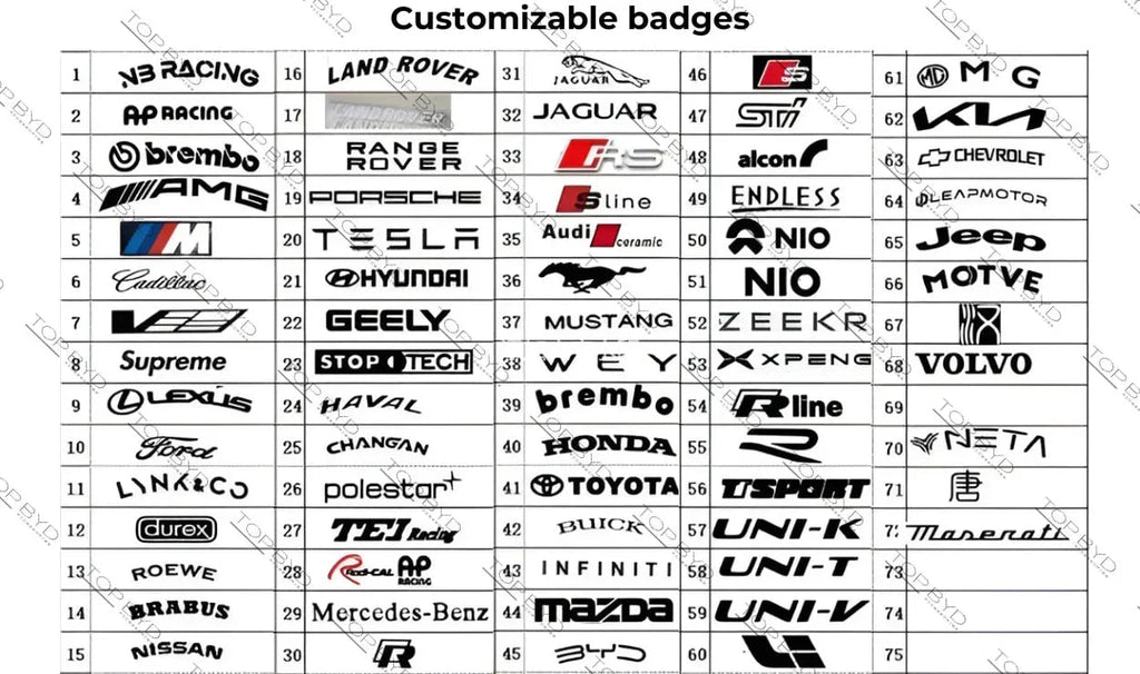 Sheet of various black and silver customizable metallic car brand badges and emblems.