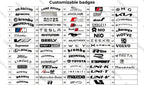 Sheet of various black and silver customizable metallic car brand badges and emblems.
