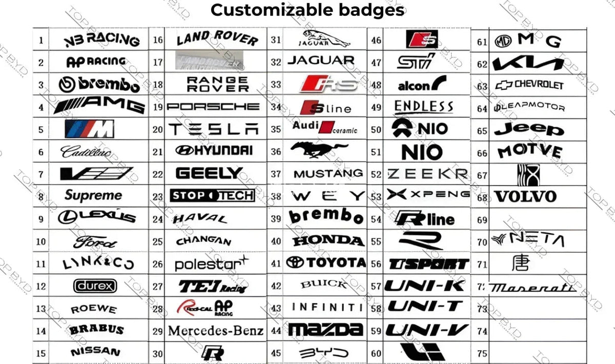 Sheet of various black and silver customizable metallic car brand badges and emblems.