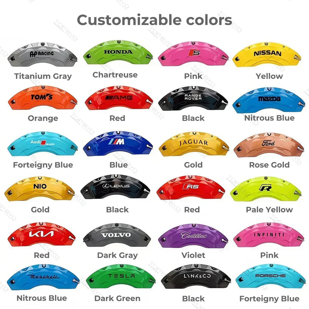 Customizable colored aluminum brake calipers with various automotive brand logos.