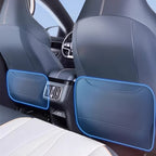 Dark blue synthetic leather car seat back protectors installed in a vehicle interior.