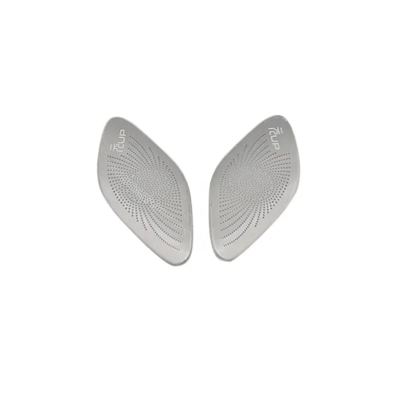Pair of grey perforated foam inserts with UP labels for automotive accessory cushioning