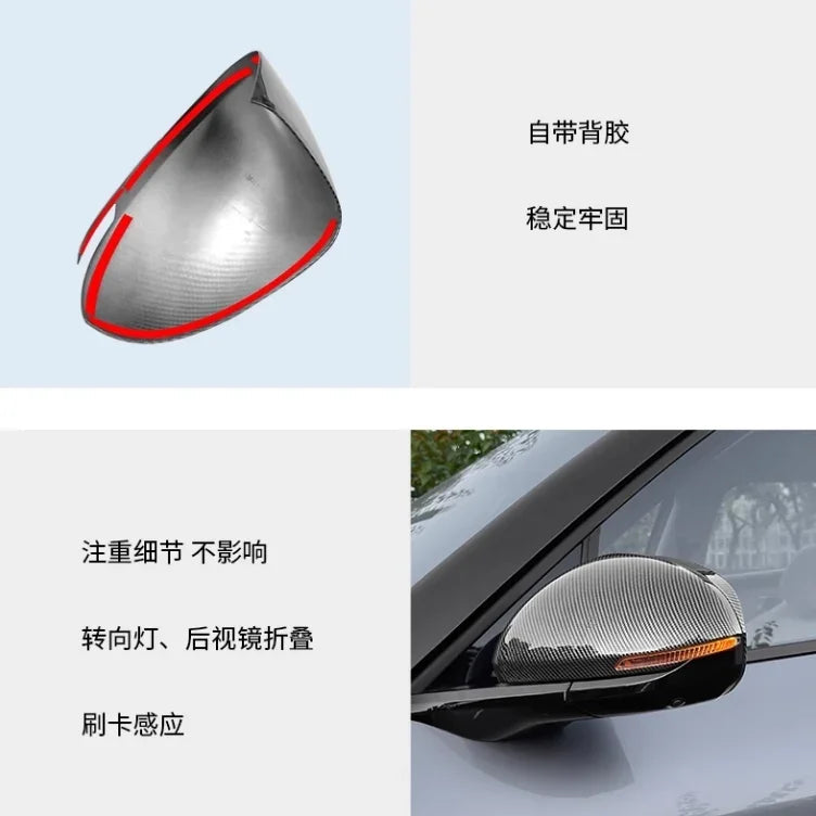 Silver carbon fiber texture side mirror cover with self-adhesive backing for secure fit.