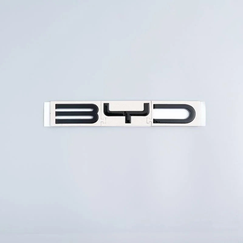 Professional white and black BYD car emblem badge with a sleek, modern design
