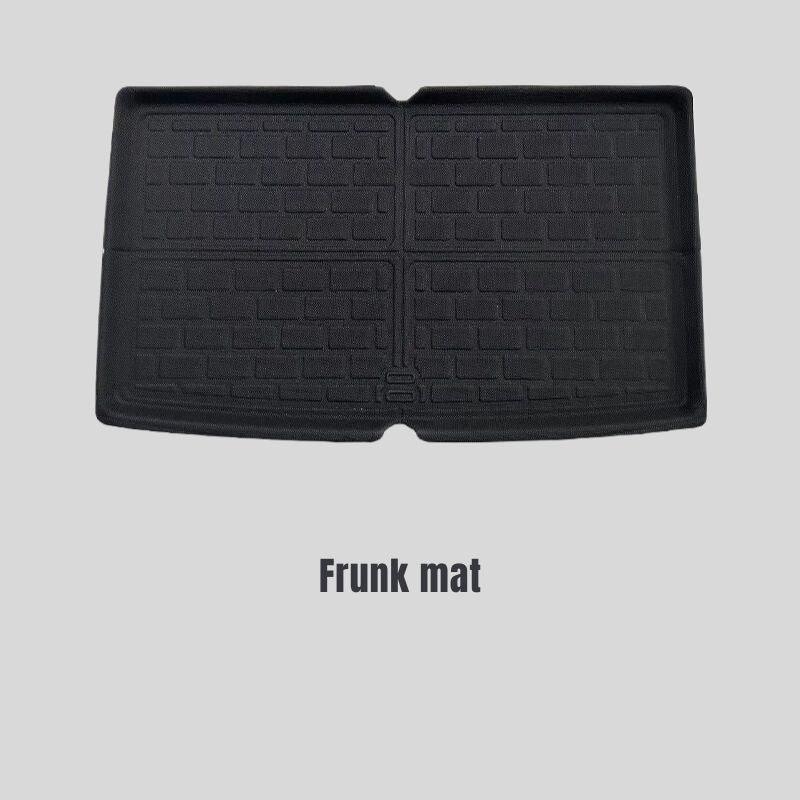 Black heavy-duty rubber frunk mat with a durable textured pattern for car protection.