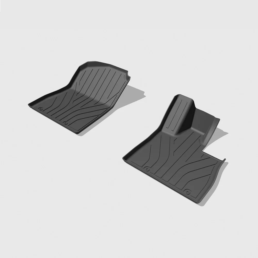 Pair of black all-weather rubber car floor mats with deep grooves for debris trapping.