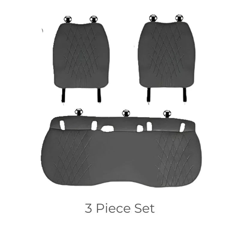 3-piece set of black diamond-stitched leather car seat covers for premium protection.