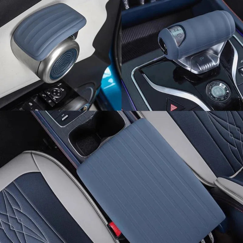 Professional navy blue leather interior accessories for BYD including armrest and gear shift cover.