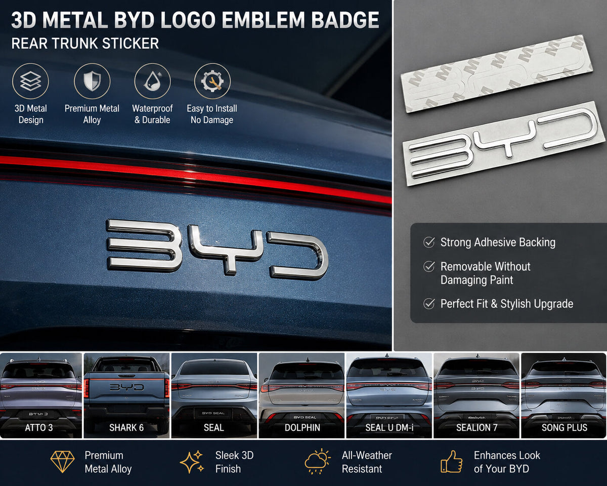 Close-up product image of a 3D black metal alloy emblem badge with a raised finish and adhesive backing, designed for rear trunk exterior customization on compatible BYD vehicles.